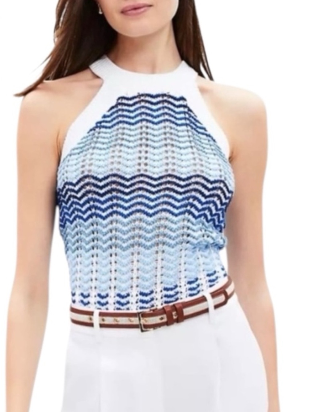 NWT LOFT Knit Chevron Blue White Halter Top - Women’s Large